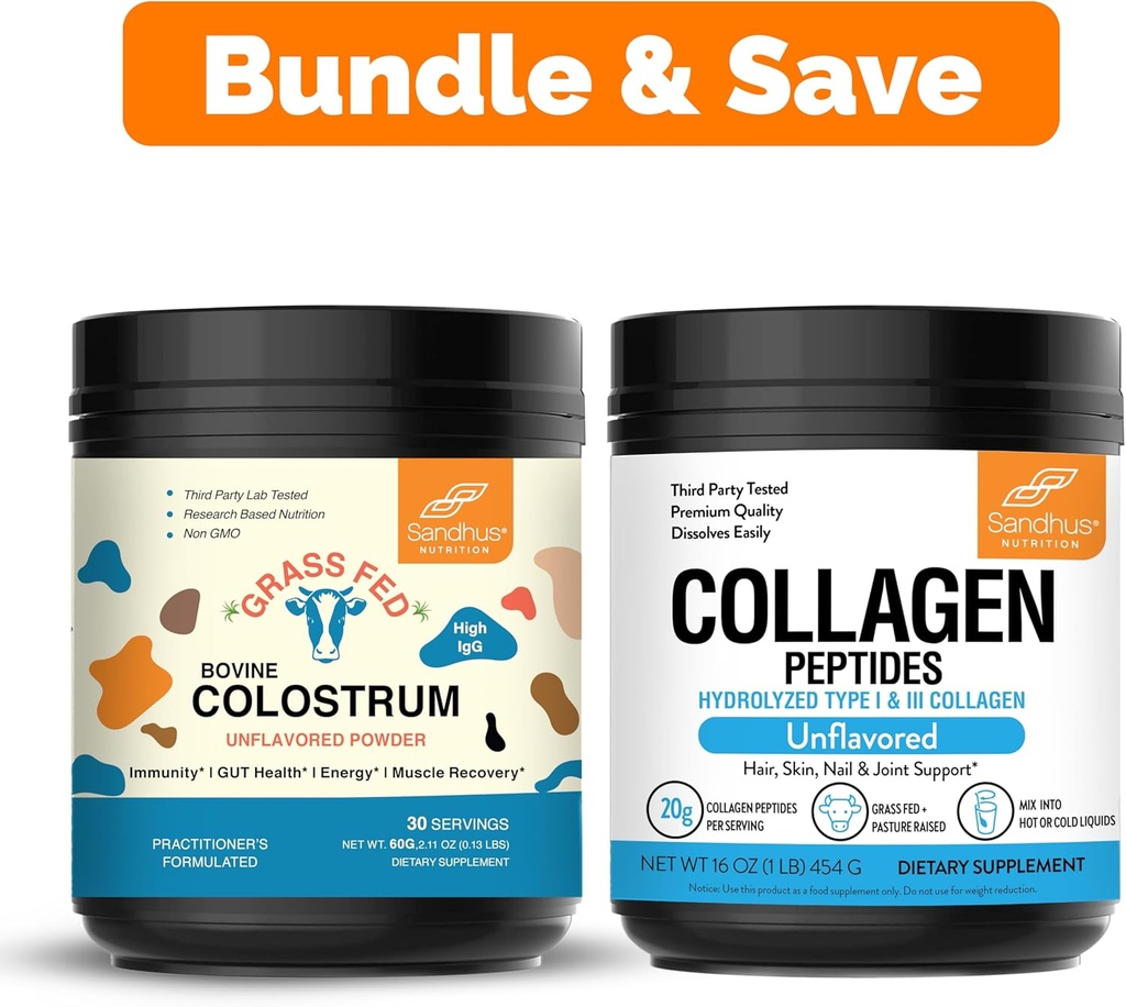 Sandhu's Pure Bovine Colostrum Toz Supplement for Humans & Collagen Peptides Toz| Immune, Hair, Skin, Nail and Joint Health Support / Non-GMOMO