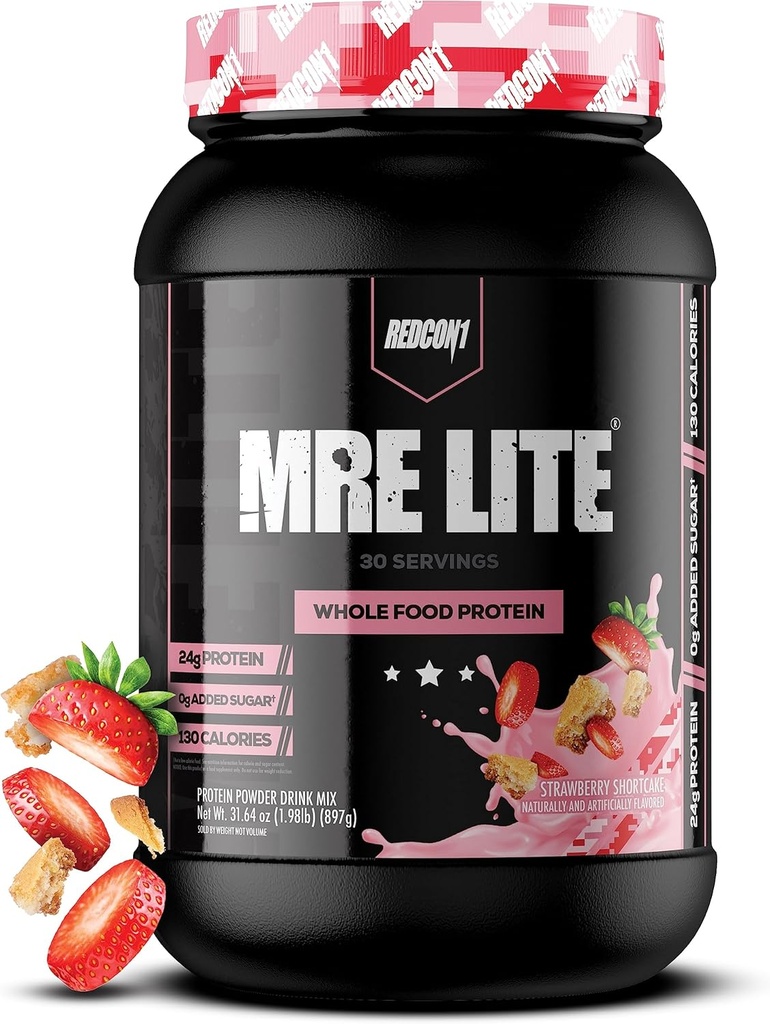 REDCON1 MRE Lite σκόνη πρωτεΐνης τροφίμων, φράουλα Shortcake - χαμηλή Carb & Whey Free Meal Replacement with Animal Protein Blends - Easy to Digest Supplement Made with MCT Oils (30 services)