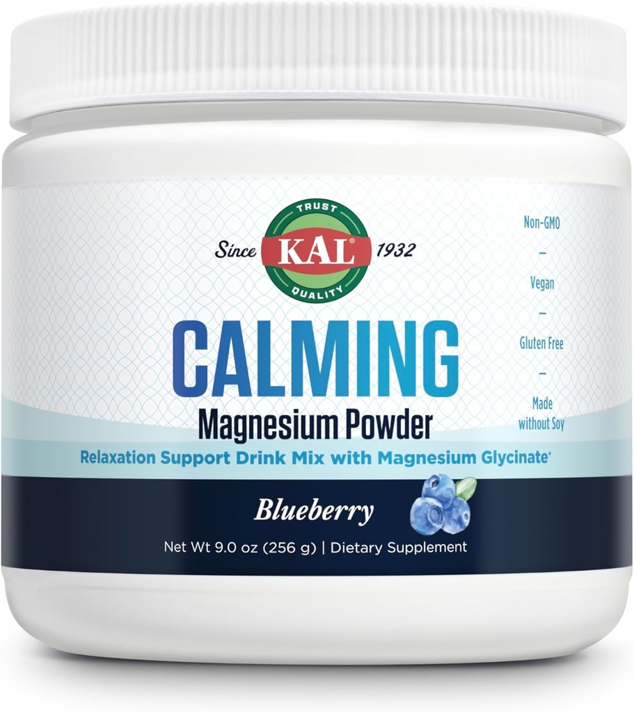 KAL Calming Magnezyum Toz - Blueberry Flavor Supplement Magnezyum - Yüksek Absorpsiyon, Rahatlama Desteği, Eklenmedi Şeker, Vegan, Gluten Free, Made Without Soy - 40 Hizmet, 9 ozz