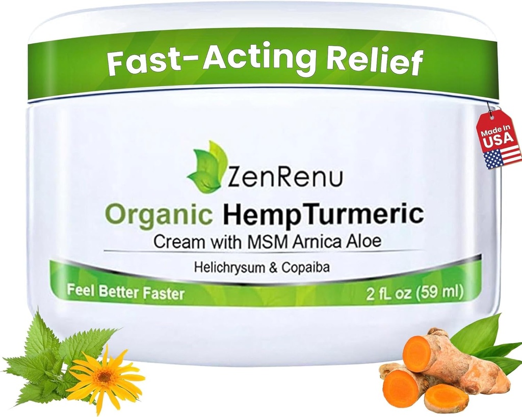 Zenrenu Organic Hemp Turmeric Joints & Muscle Cream με Arnica, MSM, Hemp Oil Extract, & 7 αιθέρια έλαια - μη λιπαρή & γρήγορη απορρόφηση για πλάτη, λαιμό, αγκώνες, γόνατα, & Hip 4 oz