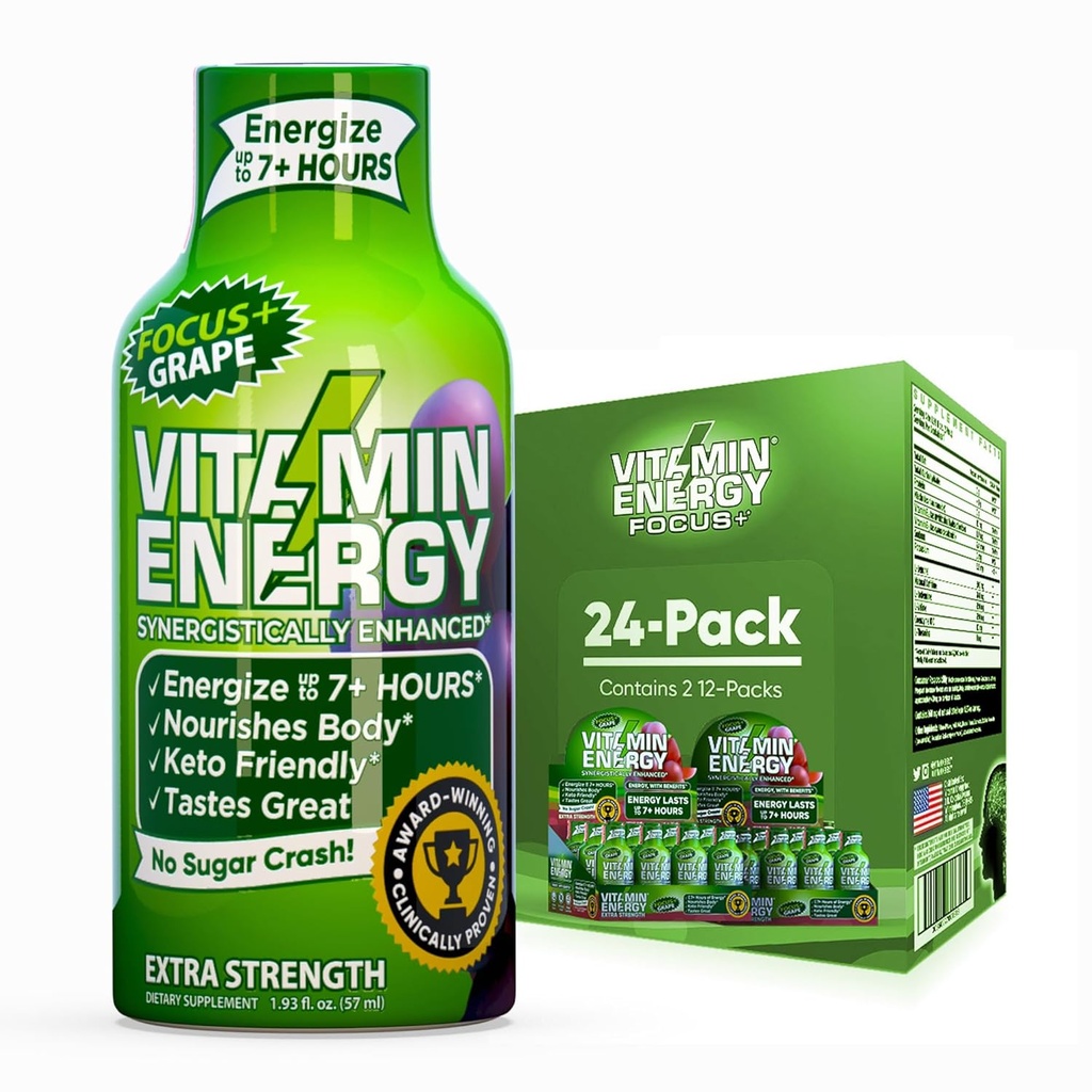 Enerji Focus+ Ekstra Güçlü Enerji Shot Grape 24 Paketi, 260 mg Natural Caffeine, B-Vitamins, CoQ10, Amino Asits, Focus, Verimlilik & Clarity, Zero Sugar, Gluten-Free, 1.93 fl oz