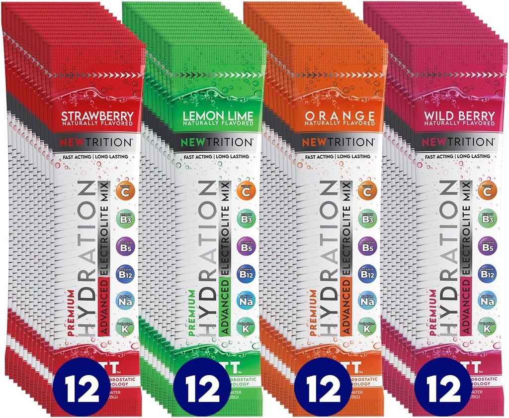 NewTrition® Hydration Powder - Pack 48 Packets σκόνης ηλεκτρολυτών, φυσικά αρωματικά ενυδατικά πακέτα νερού, ηλεκτρολυτικά ταχείας δράσης με βιταμίνες, ασβέστη, φράουλα, πορτοκάλι, άγριο μούρο