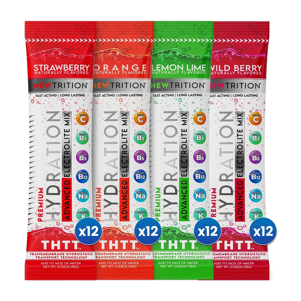 NewTrition® Hydration Toz - 48 Elektrolyte Toz Paketleri Paketi, Doğal olarak Su için Hydrating Packets, Fast Acting Electrolytes with Vitamins, Lime, Strawberry, Orange, Wild Berry