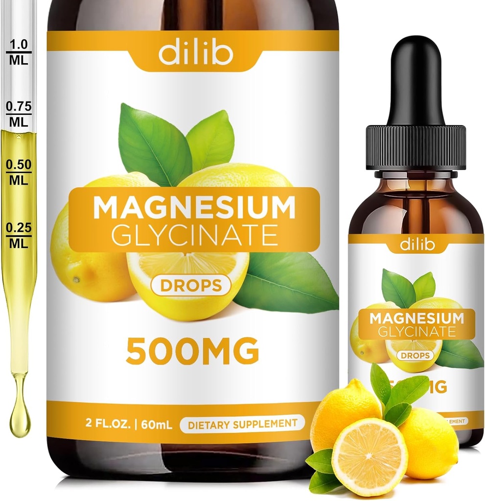 Magnezyum Glycinate Supplement, Magnezyum Glycinate Liquid Drops 500 mg with Kalsiyum, çinko, B6, D3, L-Theanine, Omega 3 for Sleep, Mood, Stress Relief, Bone, Muscle, Lemon Flavor