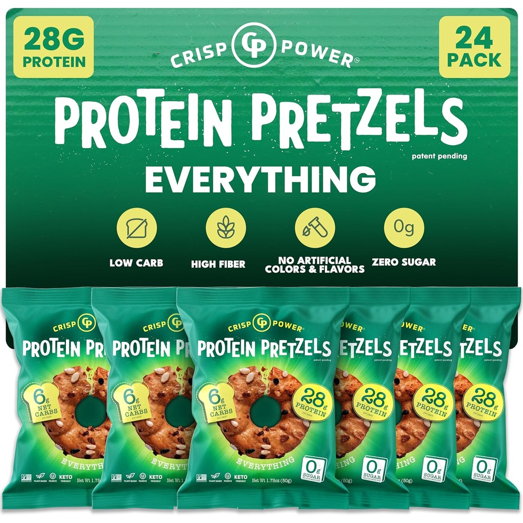 Crisp Power protein Pretzels, Everything, High protein Vegan Hua Snack, 28 G Plant Temel Protein, Low Carb Crunchy Pretzel Snacks, Sugar Free, No Seed Oils, 1.75 oz Çanta, 24 Pack Oils, 1.75 oz Çanta, 24 Pack