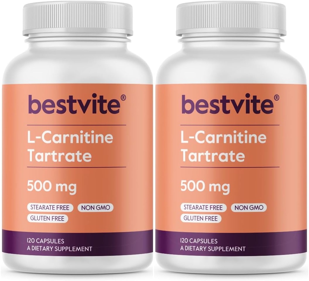 BESTVITE L-Carnitine Tartrate 500 mg per Capsule (240 Capsules)(120x2) - No Stearates - Non GMO - Gluten Free
