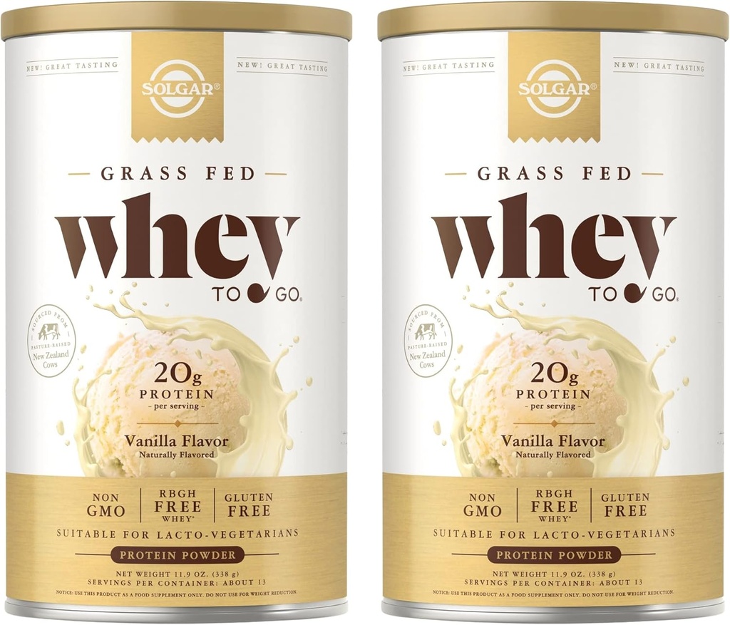 SOLGAR Grass Fed Whey to Go, Vanilla - 11.9 oz, 2 Paket - Grass-Fed Whey Protein Toz - rBGH Free, Non-GMO, Gluten Free - 26 Toplam Hizmetler