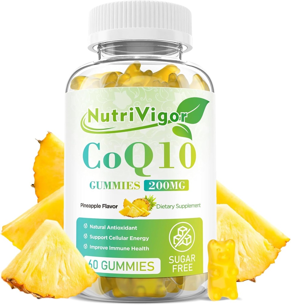CoQ10 Gummies, Συμπλήρωμα συνένζυμου Q10 200 mg, Συμπλήρωμα υψηλής απορρόφησης CoQ10 για Κυτταρική Ενέργεια και Ανοσολογική Υγεία, Vegan, Χωρίς γλουτένη, Ανανάς Γεύση, 60 Count