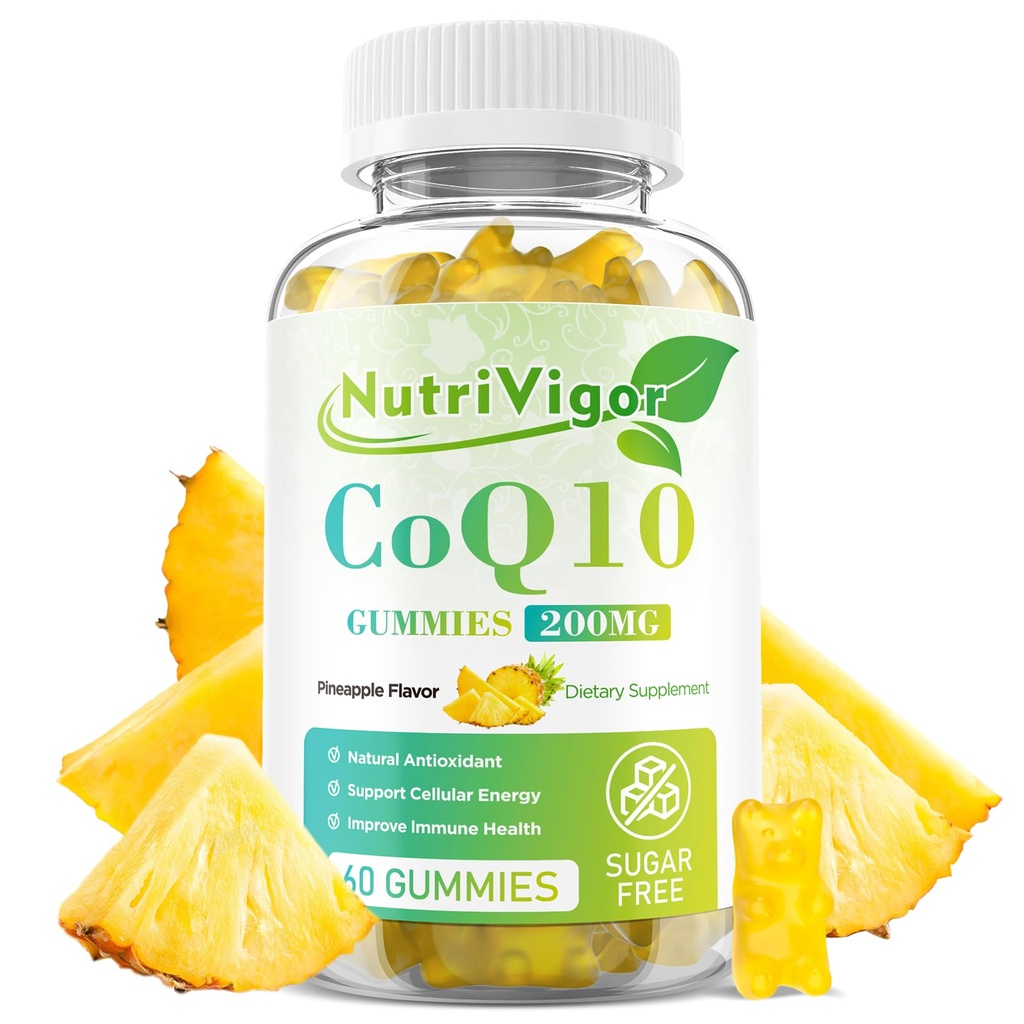 CoQ10 Gummies, Συμπλήρωμα συνένζυμου Q10 200 mg, Συμπλήρωμα υψηλής απορρόφησης CoQ10 για Κυτταρική Ενέργεια και Ανοσολογική Υγεία, Vegan, Χωρίς γλουτένη, Ανανάς Γεύση, 60 Count