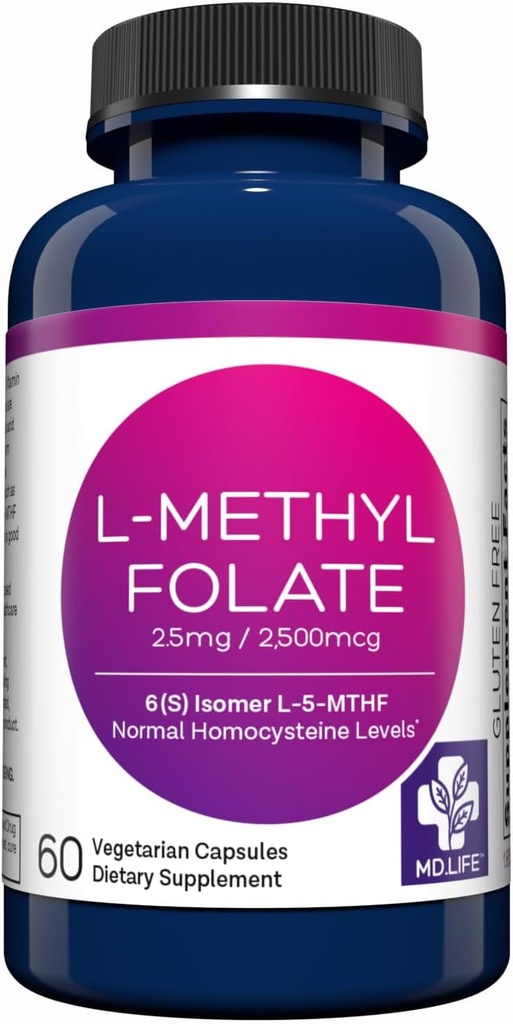 MD Life L-Methylfolate 2.5 mg Supplement - Professional-Grade Active L Methylfolate Supplement - 60 Capsules - L-Methylfolate 2.5mg - Maximum Potency MTHFR W/ Essential Amino Acids