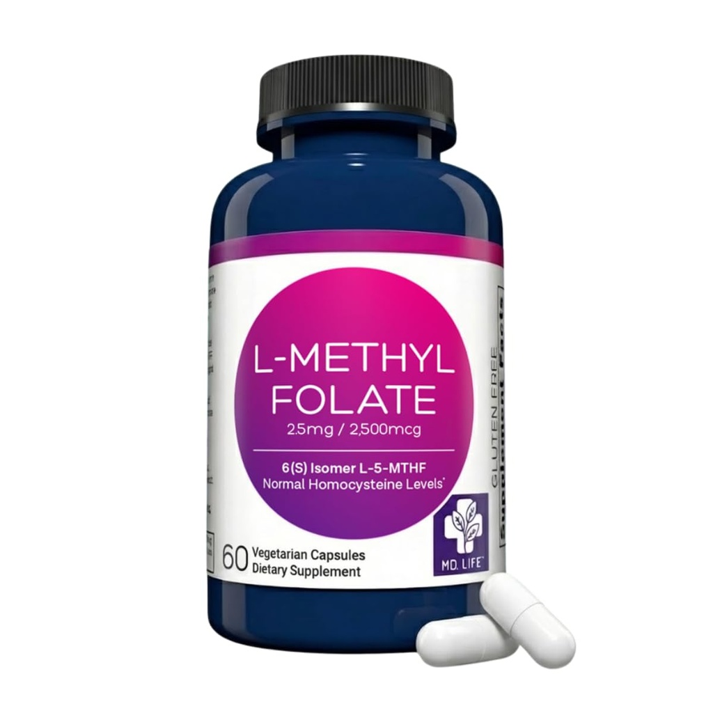 MD Life L-Methylfolate 2.5 mg Supplement - Profesyonel-Grade Active L Torchfolate Supplement - 60 Capsules - L-Methylfolate 2.5 mg - maksimum Potency MTHFR W / Essentials