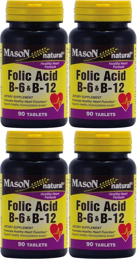 Masonlar Folic Asit B-6 & B12 Kalp Sağlığı Formula 90 Tabletler Şişe Paketi Için 4 Toplam 360 Tablet