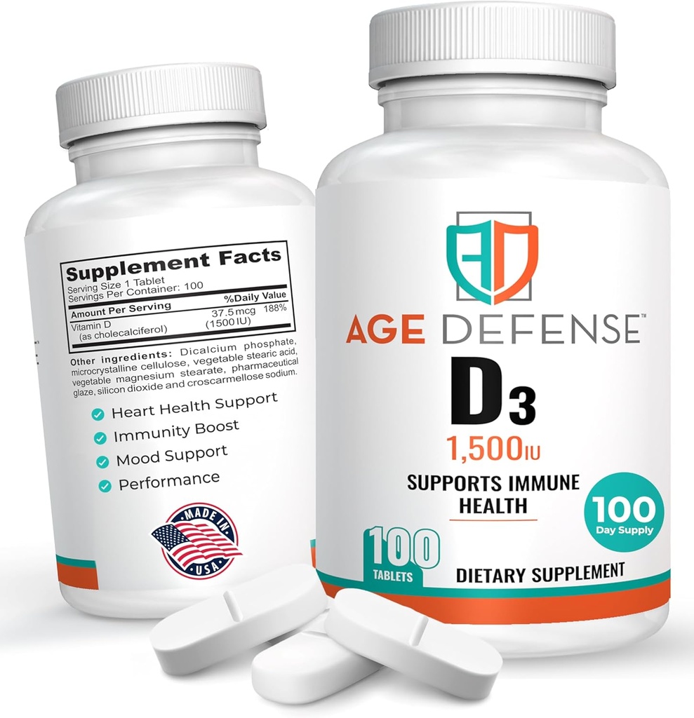 1500 IU Vitamin D3-100 Vitamin D3 Tablets for Heart Health, Immune Support, & Muscle Function Support - High Dose Vitamin D Supplements for Women & Men - 35.7 mcg Vitamin D3 Tablets