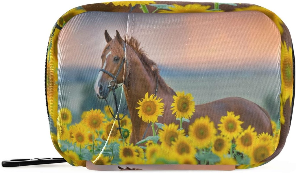 Ηλιοτρόπια Πεδίο Horse Hill Organizer περίπτωση Floral Animals 7 Day Travel Pill Box με Zipper Portable Weekly Vitamin Medicine Supplement Holder Pouch Τσάντα