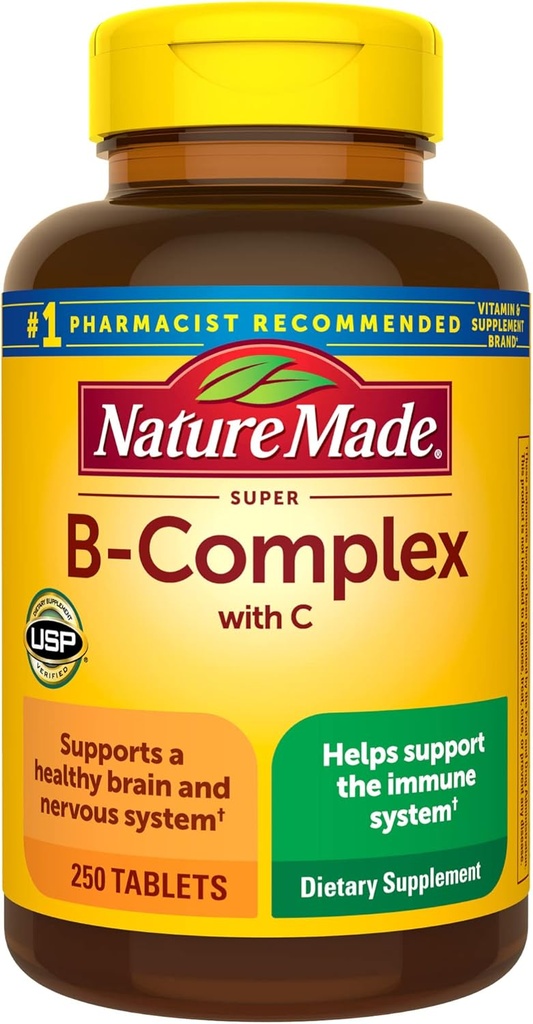 Nature Made Super B Complex with C and Folic Acid, Diyetary Supplement for Immune Support, 250 Tablet, 250 Day Supply