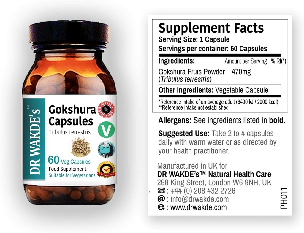 DR WAKDE'S Gokshura Capsules (Tribulus terrestris) - 60 Veg Caps |% 100 Pure, All- Natural Supplement | Vegan, Plant-Based, Supports Vitality and Urinary Health