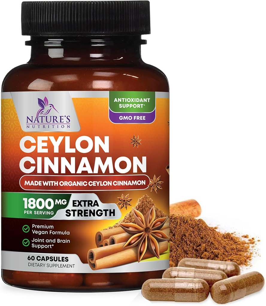 Organik Ceylon Cinnamon Supplement 1800mg - sertifikalı Organik Ceylon Cinnamon Toz Pills - ABD'de Enerji ve Kalp Desteği, Antioksi, Gluten Free, Non-GMO - 60 Capsules