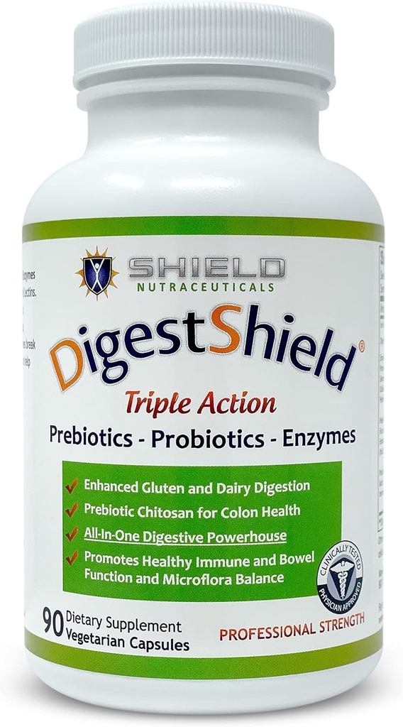 DigestShield® Probiyotik & Prebiyotik Supplement + Digestive Enzymes, Beat The Bloat, Safely Digest Dairy, Gluten ve Süreçli Gıdalar, Şatosan ile Fat Aborpsiyonunu Azal, 90-Meal Supply