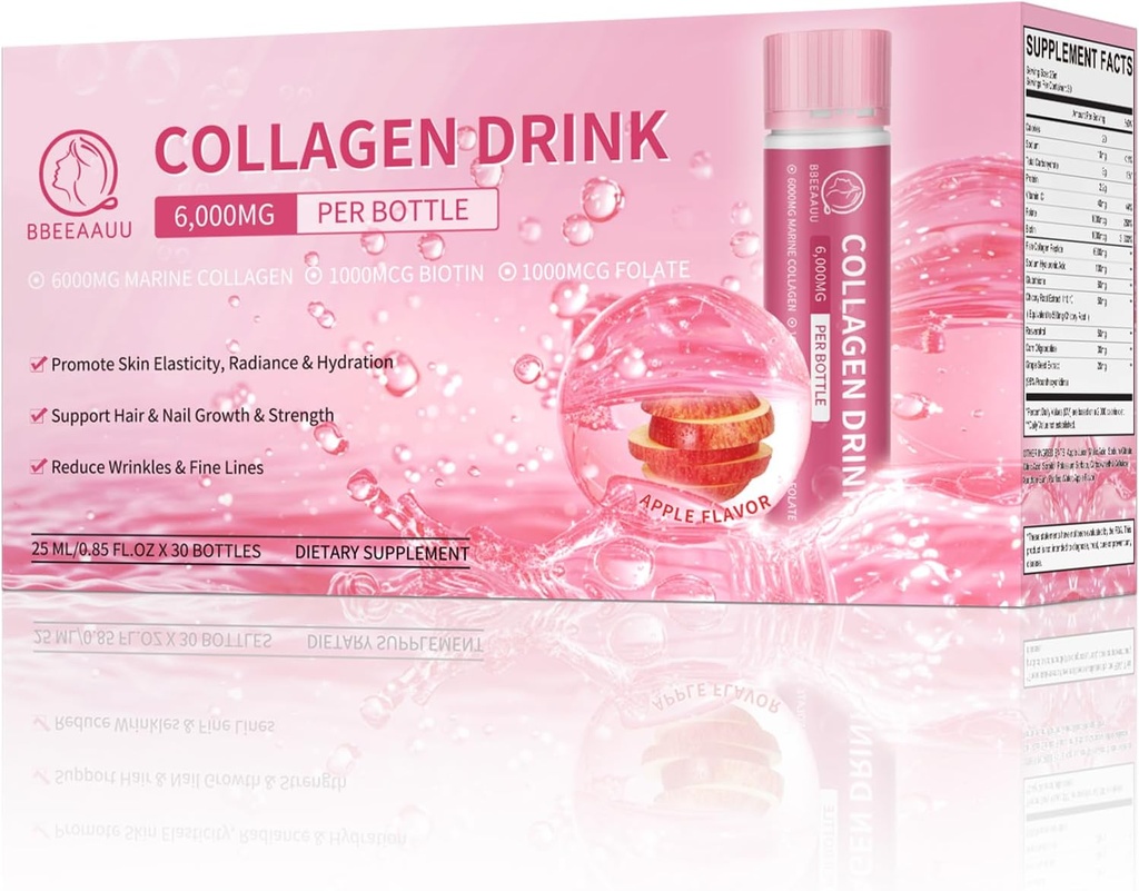 Collagen Drink 6000 mg Marine Collagen,, Dia Collagen Shots for Women with Hyaluronic Acid, Vitamin C, Collagen Supplements Support Skin, Hair & Nail, 0.85 Fl.Oz x30 Şişes, Apple Flavor