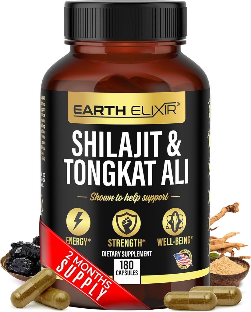 Earth Elixir Shilajit 1000mg & Tongkat Ali 400mg (180 κάψουλες) Made in USA-Shilajit Supplement (20% Fulvic Acid) Shilajit Pure Himalayan Organic & Tongkat Ali for Men More Poent Than Shilajit Resin