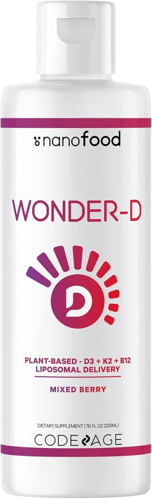 Kodaj Liposomal Wonder-D, Vegan Cholecalciferol Vitamin D3 1000 IU Liquid Drops Supplement, Plant-Based Vitamins B12 & K2, Non-GMO Sunflower Phospholipids, Vitamin E, Karma Berry Flavor, 7.6 fl oz