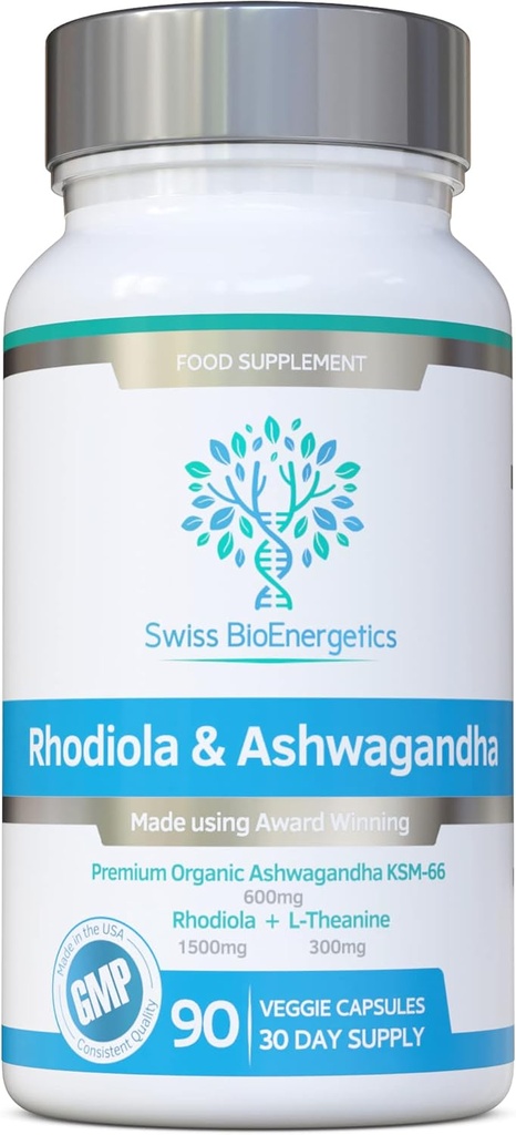 Rhodiola & Ashwagandha με L-Θεανίνη - Βραβείο Κερδίζοντας Ashwagandha KSM-66 600mg & 1500mg Rhodiola (3% Rosavins - 1% Salidrosides) ρίζα ολική ισοδύναμη - προσαρμογόνο combo- Χωρίς τεχνητά πληρώματα