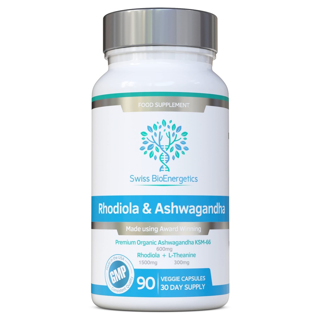 Rhodiola & Ashwagandha ile L-Theanine - Ödül Kazanan Ashwagandha KSM-66 600 mg & 1500 mg Rhodiola (3% Rosavins -% 1 Salidrosides) Tüm kök eşdeğer- adaptojen combo- Hiçbir yapay dolgu yok