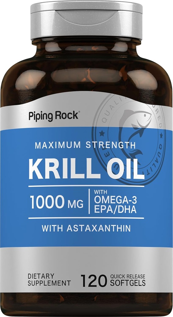 Piping Rock Krill Oil 1000 mg Softgels | 120 Kont | Omega 3, EPA DHA Supplement | Astaxanthin | maksimum Güçlü | Non-GMO, Gluten Free