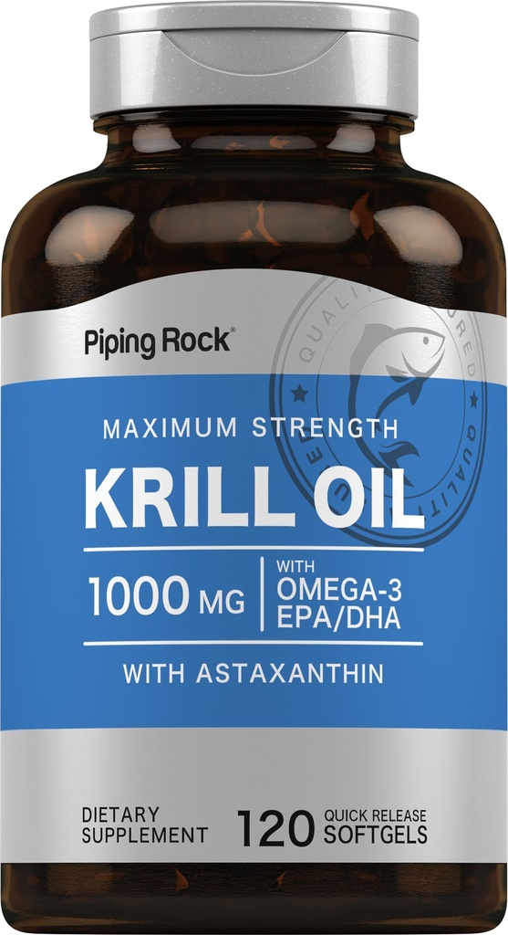 Piping Rock Krill Oil Omega 3 Softgel Capsules | 1000 mg | 120 Kont | EPA DHA Supplement with Astaxanthin | Maksimum Güçlü | Gluten Free