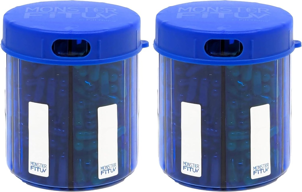 Monster Jr συμπλήρωμα Pill Dispenser με ετικέτες - Holds Μικρή Medium φαρμακευτική Βιταμίνες και εύκολα Dispense από ένα εμπορευματοκιβώτιο περιλαμβάνει ετικέτες διαμέρισμα (Monster Jr Blue UV - 2 Pack)
