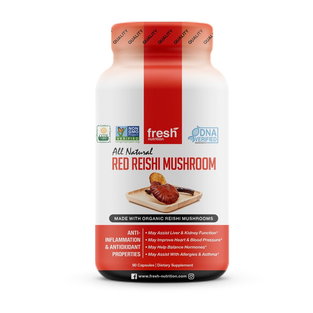 Taze Beslenme Organik Reishi Mushroom Capsules - Alfa Glucan'da Zengin - Ganoderma Lucidum & Ganoderma Applanatim - Üçüncü Parti Test Edildi - 90 Capsules /Pills