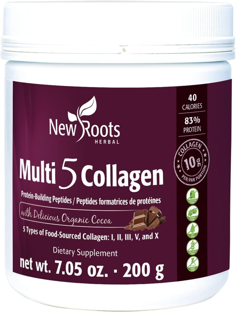 NEW ROOTS HERBAL Multi 5 Coco Collagen Powder Supplement (Τύποι I, II, III, V και X) Υδρολυμένο Κολλαγόνο - Γαλακτοκομικά & Χωρίς Γλουτένη - 12g ανά Σερβίρισμα - Σοκολάτα Γεύση, 7.05 oz