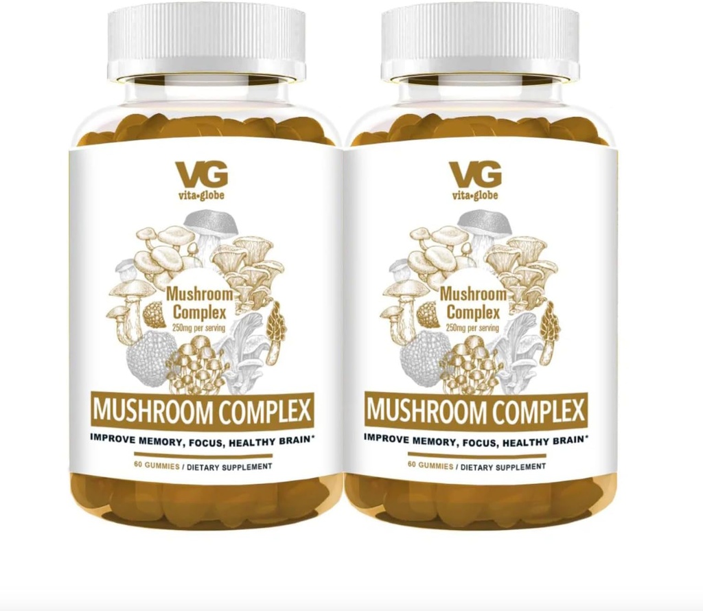 VITA GLOBE Mushroom Kompleksi Gummies – Reishi, Lion's Mane, Chaga, Cordyceps & More | Daily Supplement for Immune Defense, Energy & Brain Function Support – 120 Count (Pack of 2)