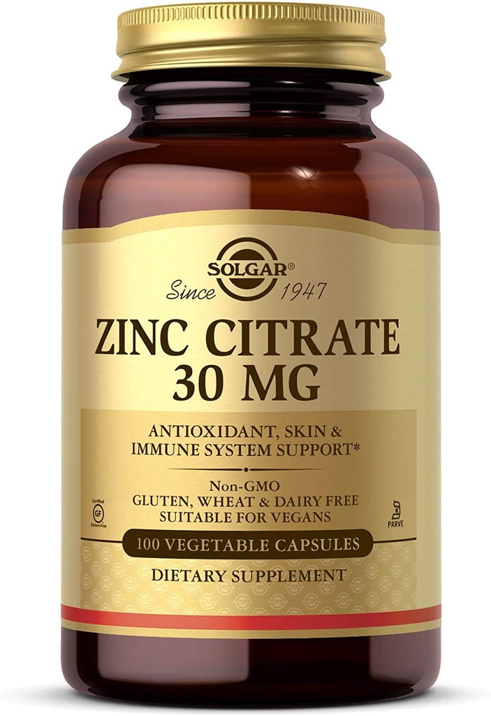 Solgar çinko Citrate Sebze Kapsülleri, 100 Kont, Non-GMO, Gluten Free, ve Kosher, Supports Immune System Health, Health Skin and Eyes, Normal Tadı ve Vizyon