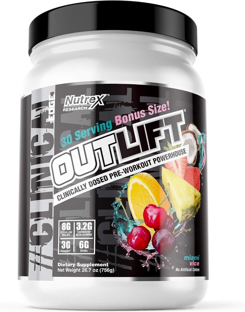 Nutrex Outlift Klinik olarak Kretine, Citrulline, BCAA, Beta Alanine, Caffeine | Enerji, Pompa Preworkout Supplement | Miami Vice 30 Servis