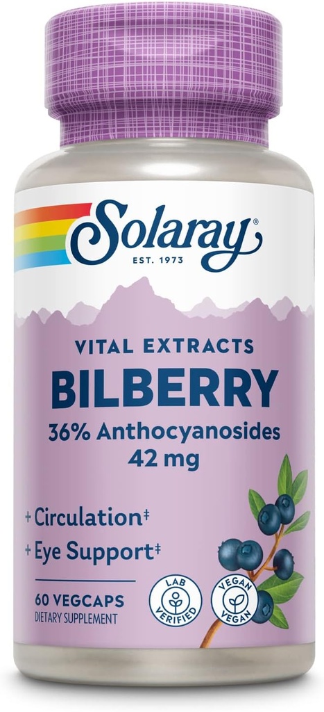 SOLARAY Bilberry Berry 42 mg, Eye Health & Circulation Support, % 36 Anthocyanosides, Vegan, 60 VegCaps