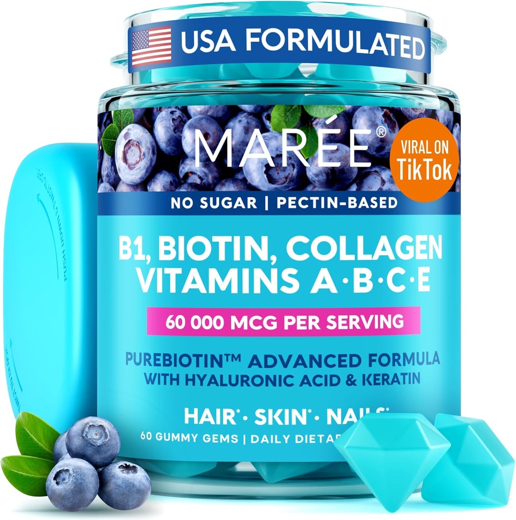 MAREE Vitamin B1 Thiamine & B7 Biotin Gummies - A E D C Vitamins Complex με κερατίνη, κολλαγόνο, υαλουρονικό & παντοθενικό οξύ για δέρμα, νύχια & μαλλιά
