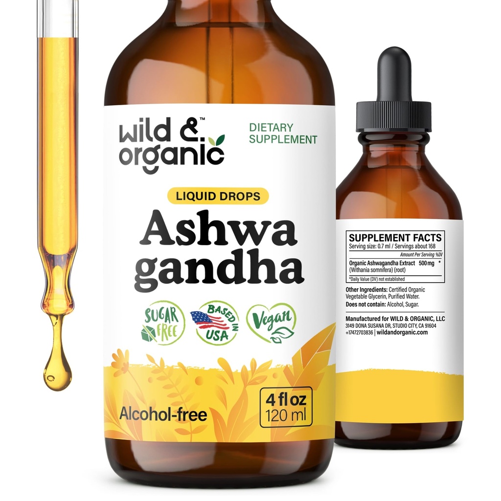 Wild & Organic Ashwagandha Drops - Mood Support Supplement w/Ashwagandha Root Extract - Calm Mind için sıvı damlalar - Şeker & Alkol Özgür - 4 fl ozz