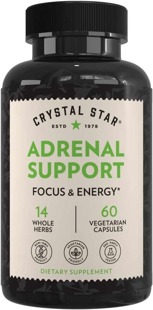 Crystal Star Adrenal Support Supplement (60 Capsules) – Daily Herbal Cortisol Supplement for Stress Relief & Adrenal Fatigue - Sibirya Eleuthero, Licorice, Uva Ursi, Astragalus & Fo-ti – Non-GMO