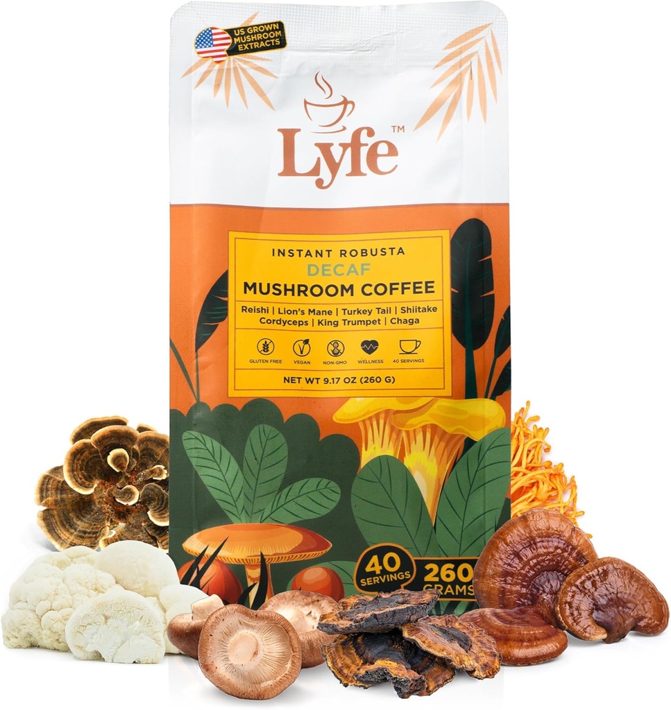 LYFE Organic Instant Decaf Mushroom Coffee – Mane, Chaga, Cordyceps, Turkey Tail 