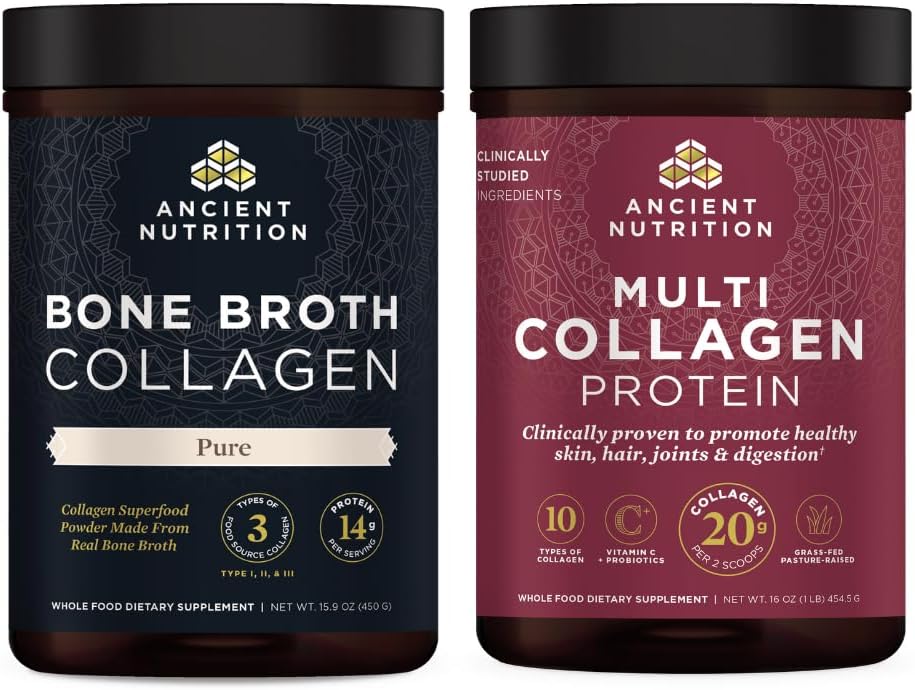 Αρχαίας διατροφής Broth Collagen σκόνη, καθαρό, 30 εξυπηρετούν + Multi Collagen Protein Powder, Άγευστη, 45 εξυπηρετούν