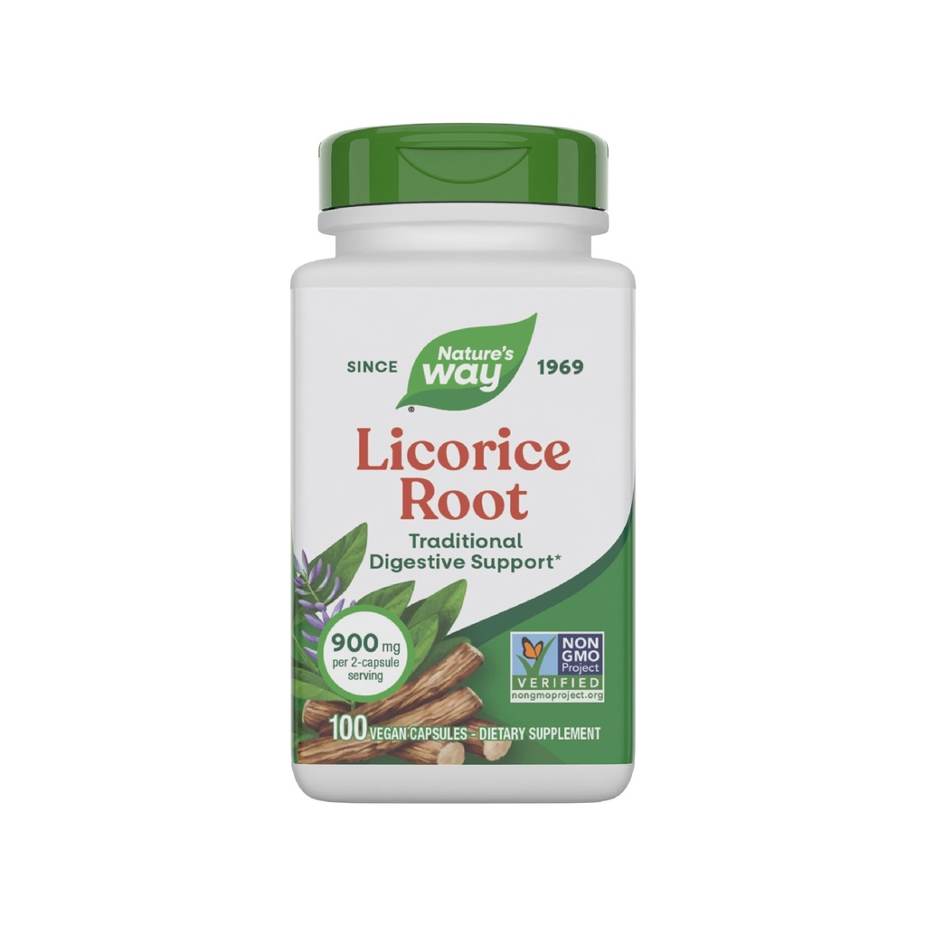 Nature's Way Licorice Root, Traditional Digestive Support Supplement*, 900 mg ανά 2-Capsule Serving, Μη-GMO Project Επαληθευμένο, 100 Vegan Caps (Packing May Vary)