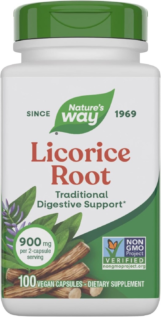 Nature's Way Licorice Root, Traditional Digestive Support Supplement*, 900 mg per 2Capsule Service, Non-GMO Projesi Doğrulanmış, 100 Vegan Capsules (Pazar Mayıs Vary)