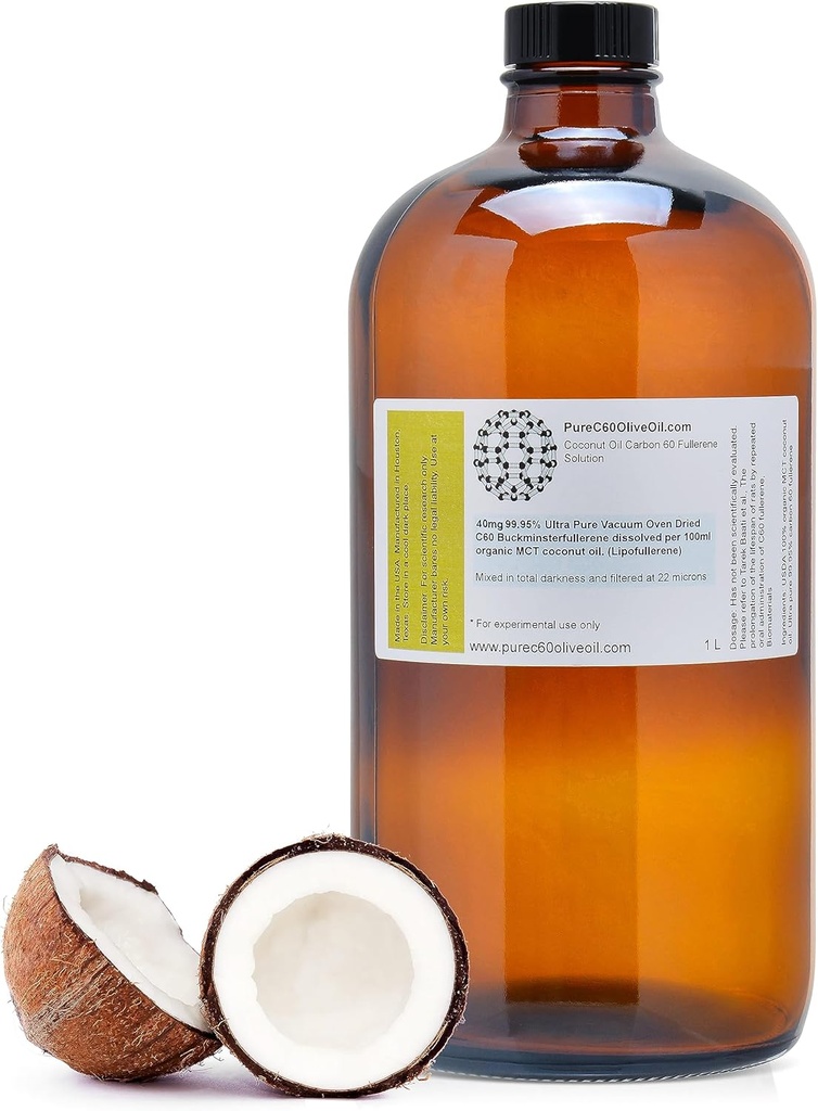 PureC60OliveOil C60 Organic MCT Coconut Oil 1L / 33.8 Fl Oz - 99,95% Carbon 60 Διαλύτης Δωρεάν 400mg - Amber Glass Bottle - Carbon 60 Coconut Oil - από τον κορυφαίο παγκόσμιο παραγωγό
