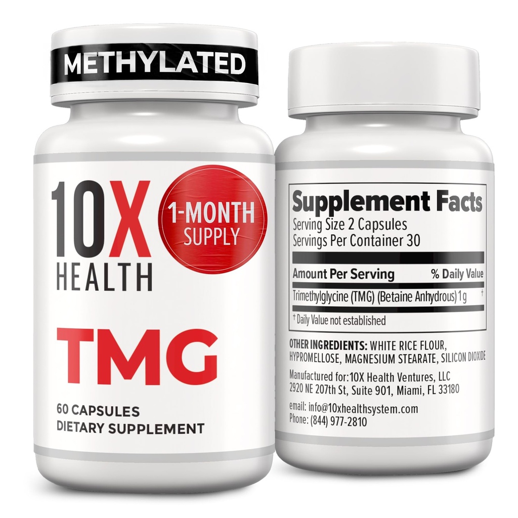 10X Health TMG Συμπληρώματα - Trimethylglycine συμπλήρωμα για την υποστήριξη του ήπατος, την ευεξία της καρδιάς, την ενέργεια, Homocysteine επίπεδα - TMG κάψουλες με Betaine Anhydrus - μη-GMO & Gluten-free - 60 κάψουλες
