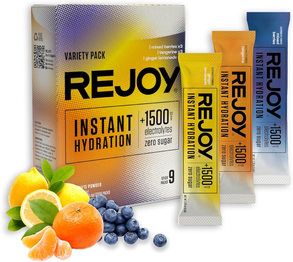 Rejoy – Elektrolyte Toz Paketleri, 9 Sticks – Hydration Drink Mix Supplement – Sugar Free, Keto and Paleo Friendly, Vegan, Non-GMO, Easy Open Single-Serving Stick (Variety Pack)