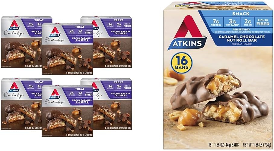Atkins Pecan Caramel Clusters 60 Kont, Caramel Chocolate Nut Roll Snack Bar 16 Count
