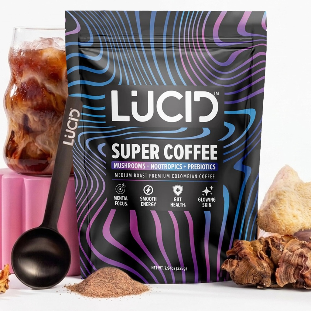 Lucid Superfood Organic Mushroom Coffee with Nootropics - Lion's Mane, Tremella, Cordyceps & Turkey Tail - Instant Mushroom Coffee Focus Brain Health - Alfa GPC, L-Theanine, Ginko Biloba - ABD Made