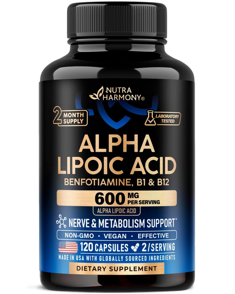 Alpha Lipoic Acid 600 mg - ALA Supplement Antioksi for Nerve, Energy & Metabolism Support - Ekstra Kuvvet Benfotiamine, B1 & B12 - Lab Tested, Non-GMO & Vegan - 120 Capsules, 2 Ay Supply & Metabolism Support - Ekstra Kuvvetler