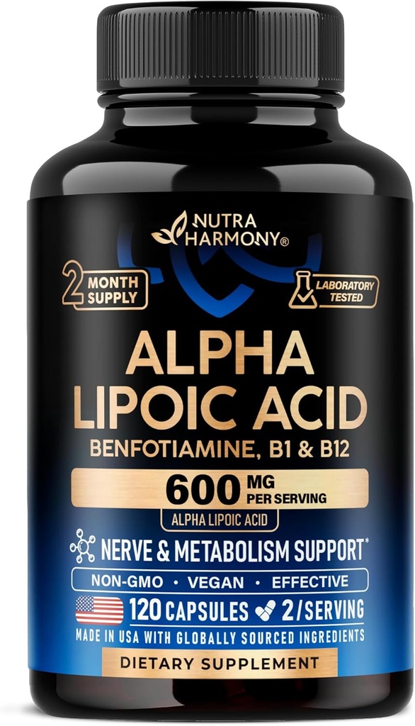 Alpha Lipoic Acid 600mg - ALA Supplement Antioxidant for Nerve, Energy & Metabolism Support - Extra Strength with Benfotiamine, B1 & B12 - Lab Tested, Non-GMO & Vegan - 120 Capsules, 2 Month Supply